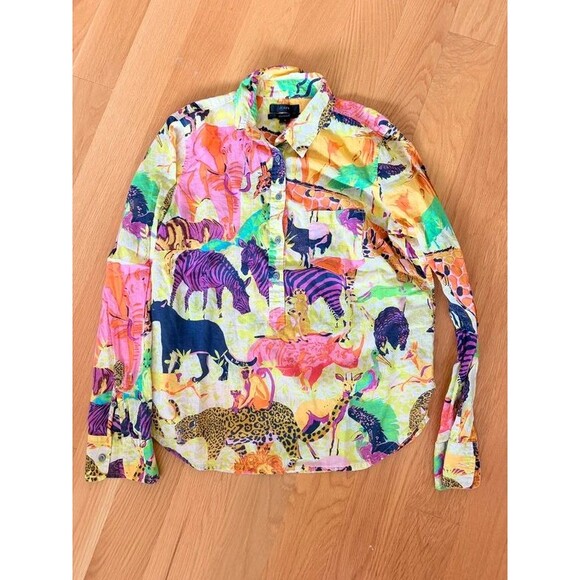 J. Crew Tops - J.Crew Safari Animal Print Button Shirt Colorful Cotton Size 4
